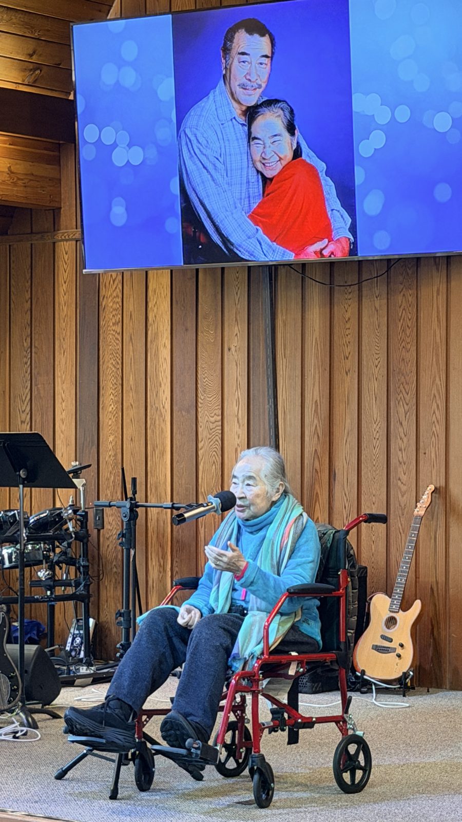 Testimony sharing at an evangelistic meeting